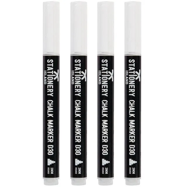 White Dry Wipe D30 Chalk Pens - 3mm Fine Nib - Pack of 4