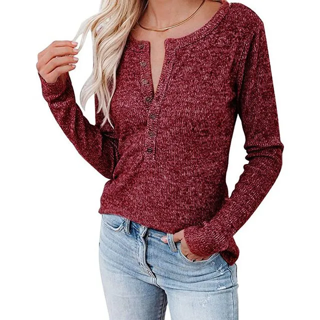 Casual Long Sleeve Button Up Pullover Tops-BURGUNDY