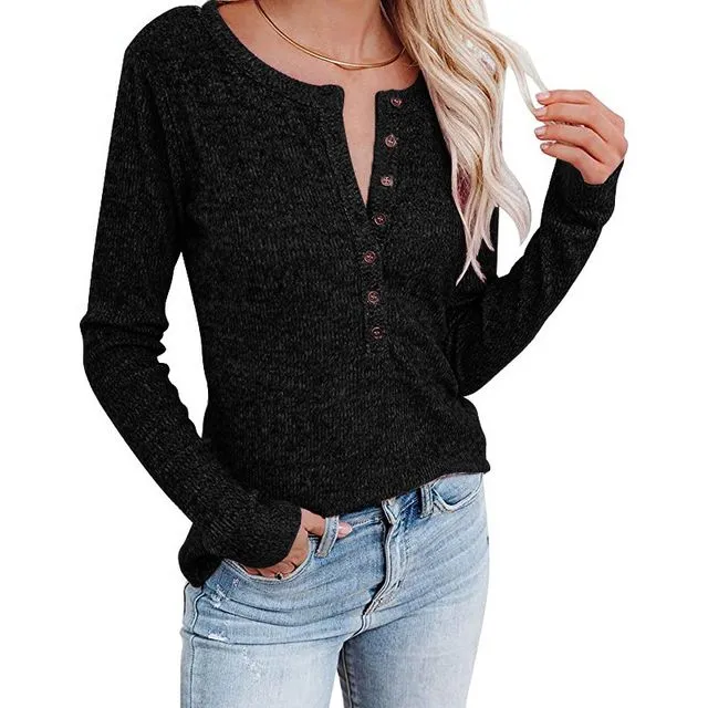 Casual Long Sleeve Button Up Pullover Tops-BLACK