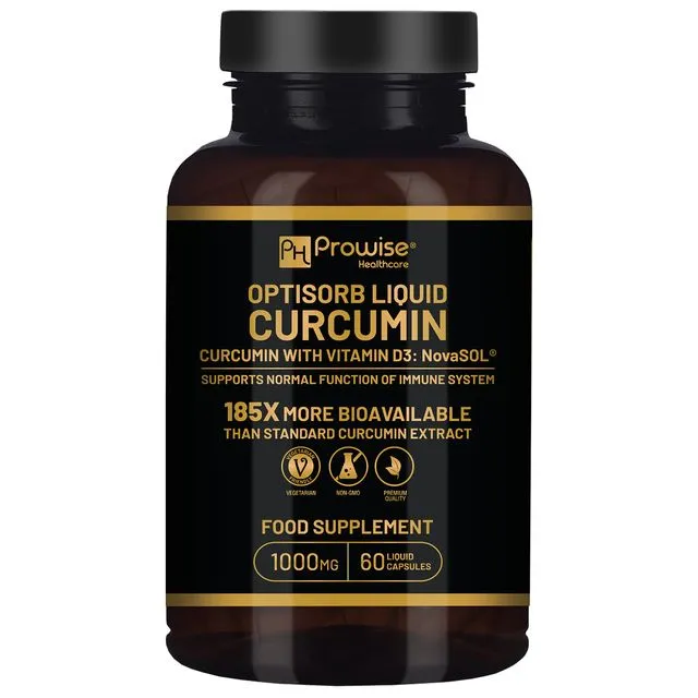 Optisorb Liquid Curcumin with Vitamin D - 60 Liqcaps | 185x Turmeric & Curcumin Bioavailability - Ultra Bioavailable | Liquid Capsules with 500mg NovaSOL® per Capsule | Made In UK by Prowise