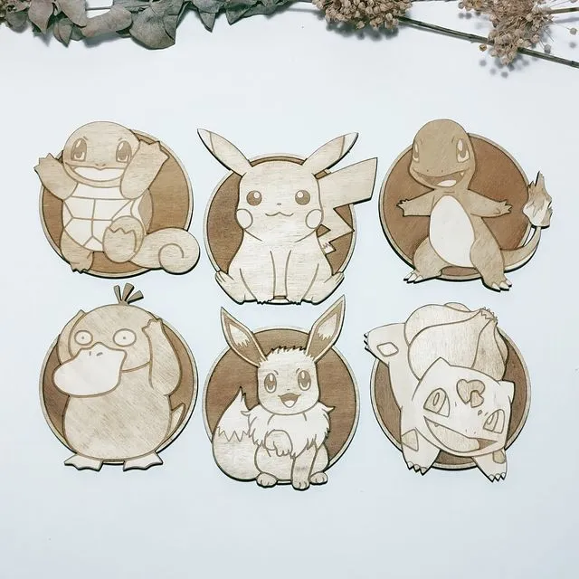 Set of 6 Pokemon Wood Coasters - Choose any Pokémon - Nintendo Coasters