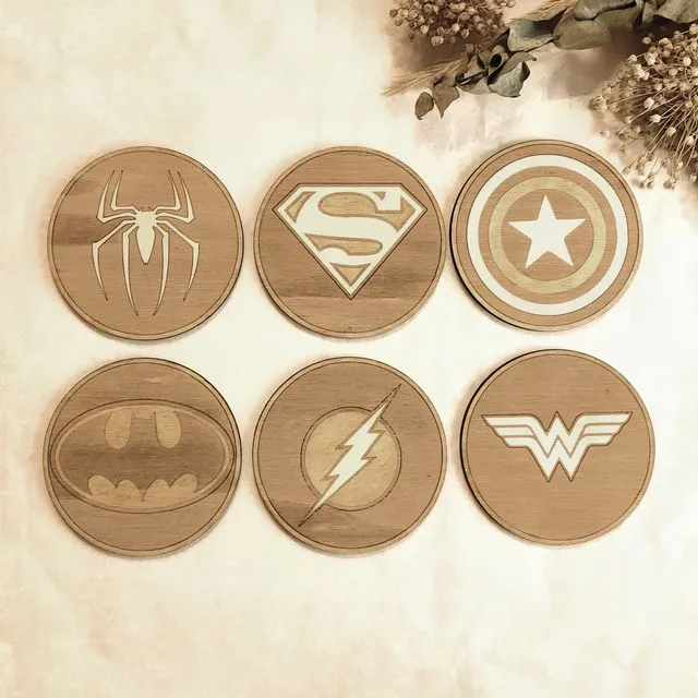 Set of 6 Superheroes Wood Coasters - Housewarming Gift - Marvel vs DC
