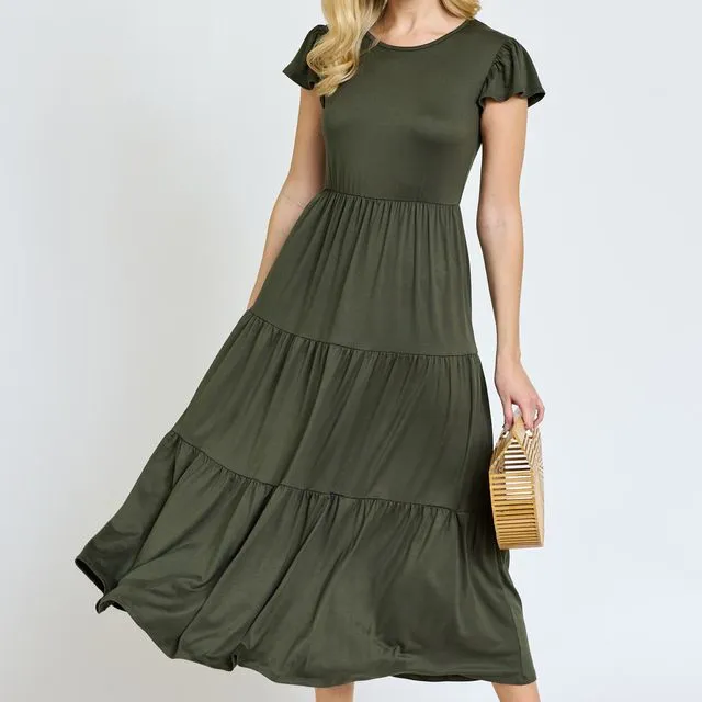 Solid Flutter Sleeve Tiered Tea Length Dress Prepack 1-1-1-1 (S-M-L-XL)