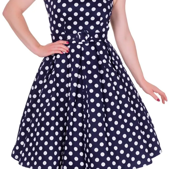 S905BUWH Annie Navy Blue Swing Dress with White Polka Dots