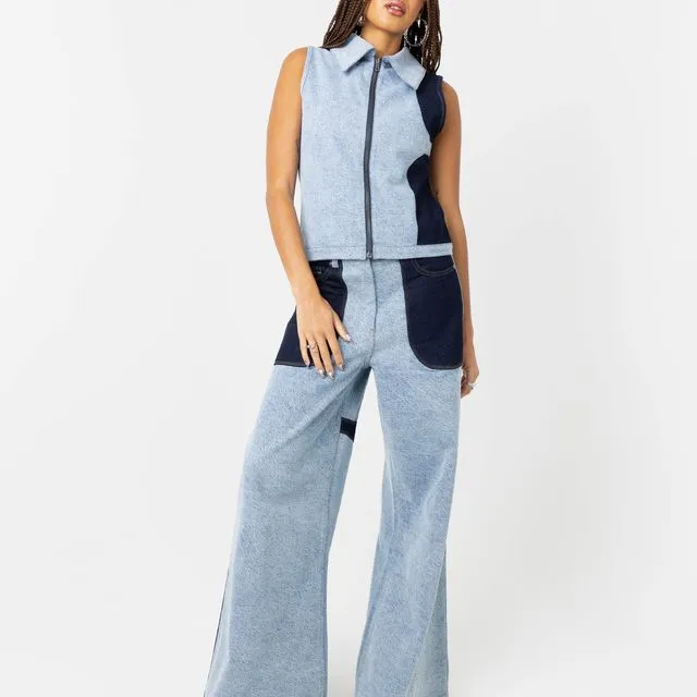 Lost &amp; Found Co-Ord Mid Rise Wide Leg Fit Patchwork Denim Jeans In Blue