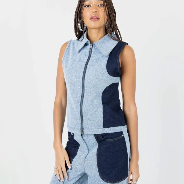 Lost &amp; Found Co-Ord Denim Patchwork Gilet In Blue