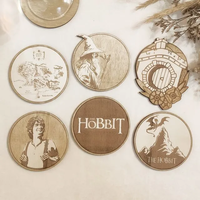 Set of 6 The Hobbit Wood Coasters - Housewarming Gift - LOTR