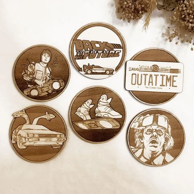 Set of 6 Back to the Future Wood Coasters - Gift Store - Cup Holders