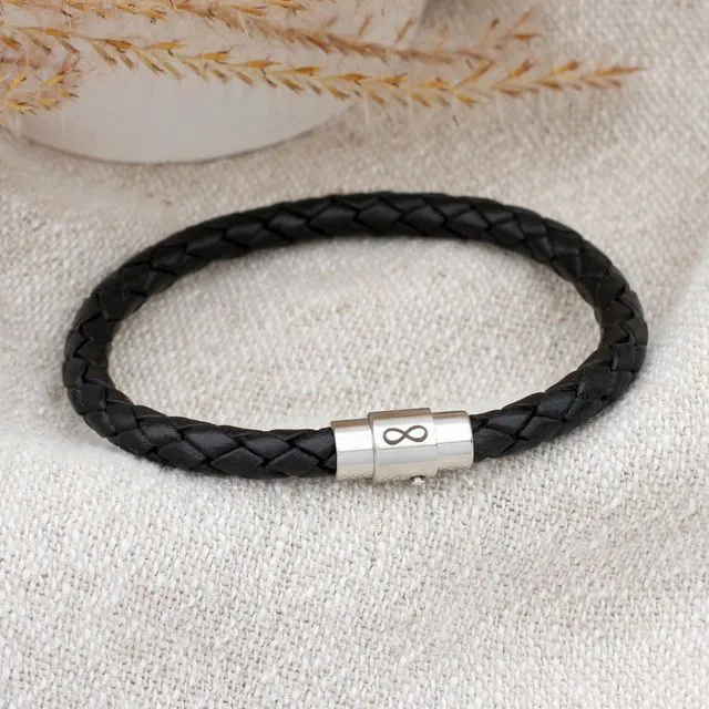 Mens Infinity Symbol Black Leather Bracelet 19.5cm