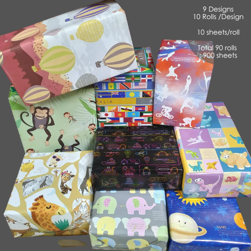 Kids Gifting Papers, 9 designs (900 sheets bundle)(10 rolls per design) 70 x 50 cms size wraps for all ages and all occasions, Thoughtful paper gifting stationery