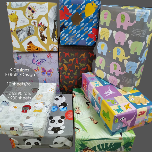 All Occasion wrappers, 9 designs (900 sheets bundle)(10 rolls per design) 70 x 50 cms size Premium quality wraps for all ages and all occasions