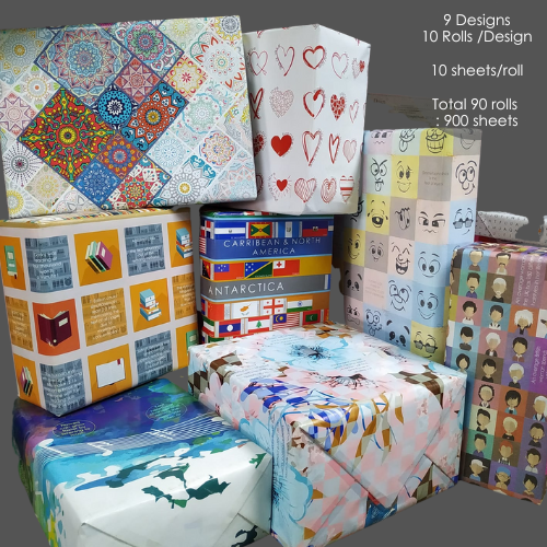 Wrapping Paper Bundle - 9 designs 90 rolls or 900 wraps & 10 rolls per design 70 x 50 cms size Fine quality Art paper for all ages and all occasions