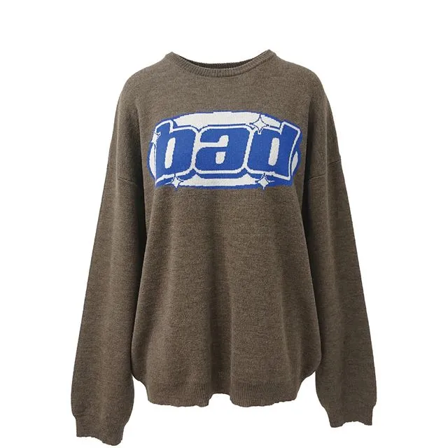 Sonic Oversized Crew Neck Knit Jumper With Chest Graphic In Brown