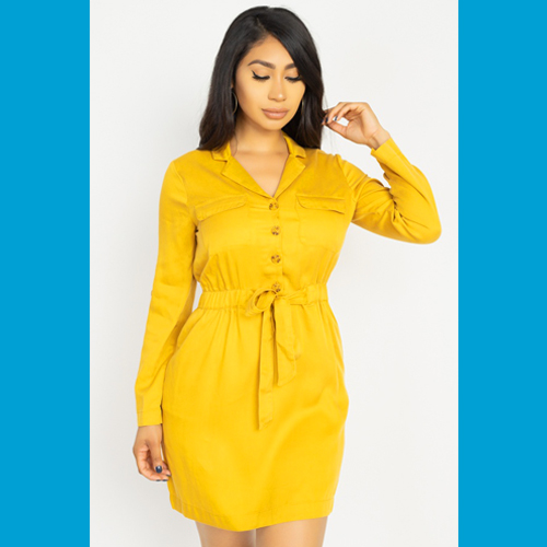Our Best 100% Lyocell Collar Neck Breast Pocket Detail Button Down Long Sleeve Belted Sash Tie Shirt Mini Dress (Mustard)
