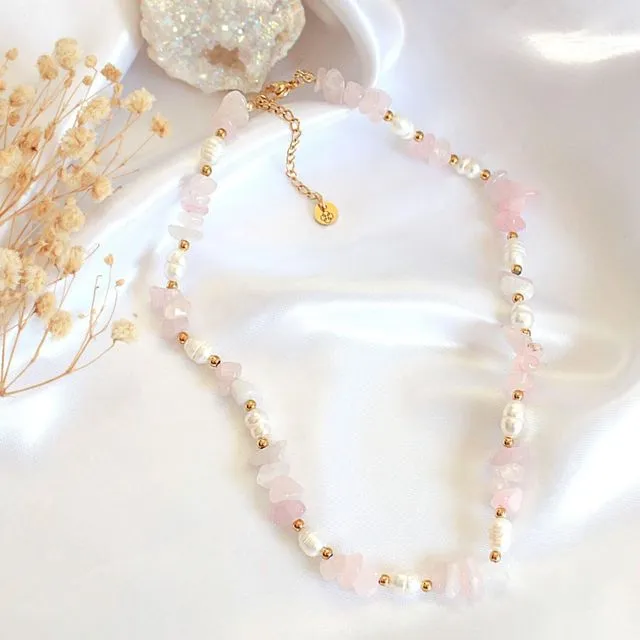 “Luau Party” | Natural Rose Quartz Crystal & Freshwater Pearls Choker