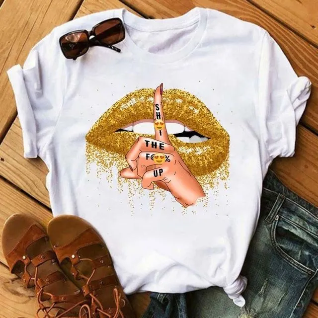 Summer Round Neck Lips Simple Printed T-Shirt-COLOR G