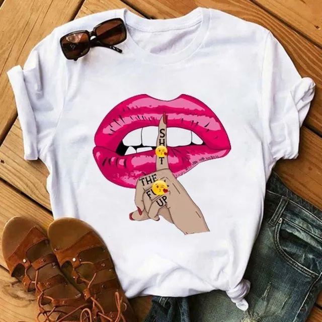 Summer Round Neck Lips Simple Printed T-Shirt-COLOR F
