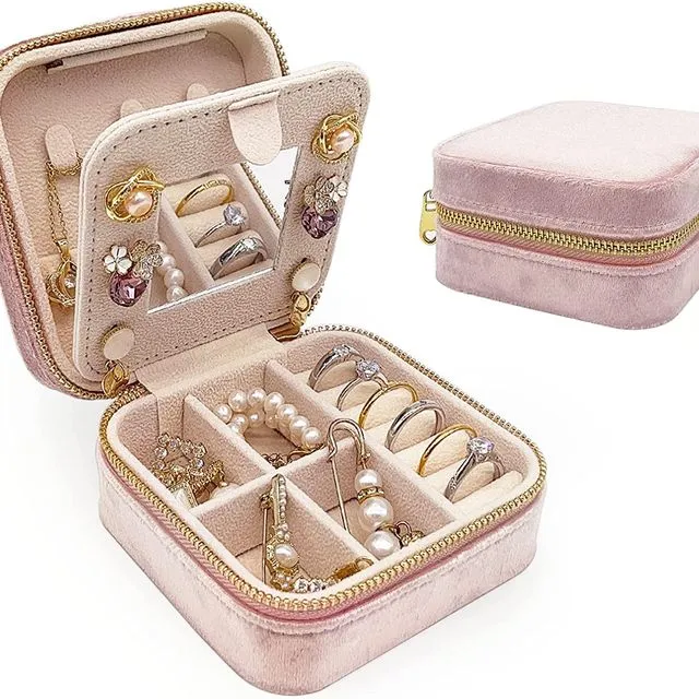 Plush Velvet Jewelry Box with Mirror ,Mini Travel Jewelry Case, Plush Jewelry Travel Case , Small Portable Travel Jewelry Organizer, Gift for Women Girls