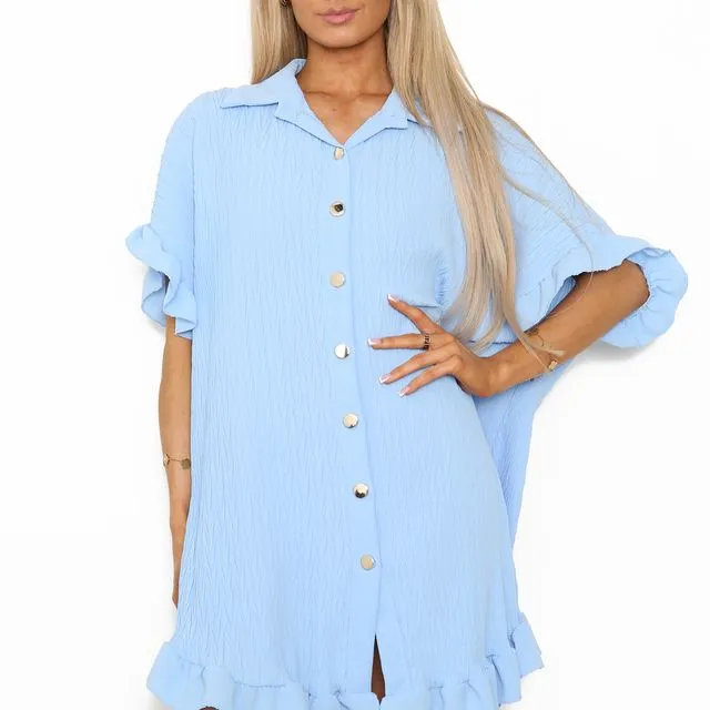 23075LEAF - Baby Blue ruffled trim short shirt dress