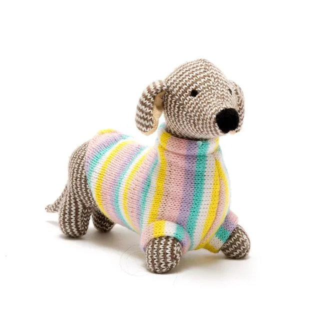 Knitted Sausage Dog Baby Rattle in Pastel Stripe Jumper