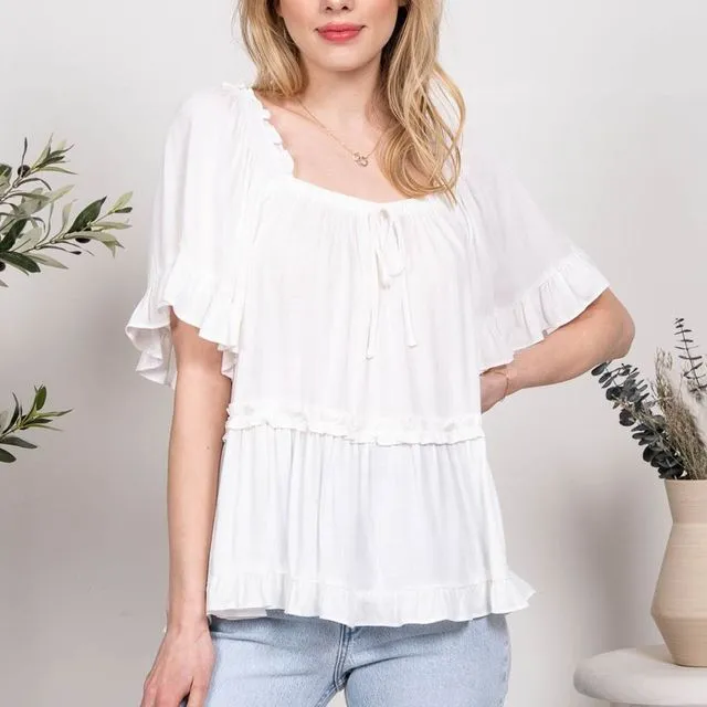 RELAXED TIERED PEASANT TOP - (BPB3ST1043 : WHITE)