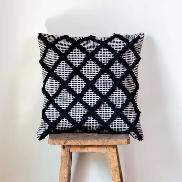 Aranya Tufted Crisscross Pattern Black &amp; Beige Cushion