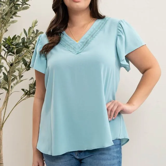 PLUS LACE V NECK WOVEN TOP - (BPPTB8163 : JADE)