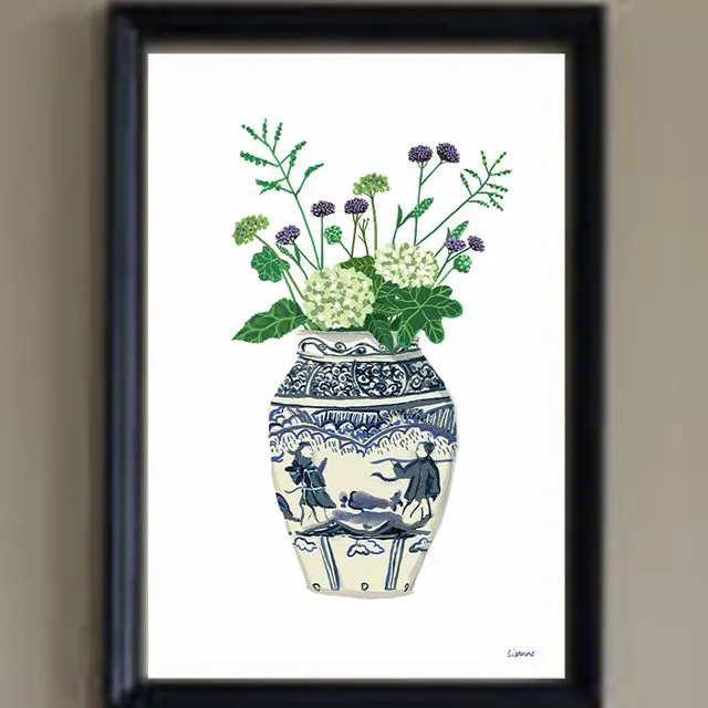 Blue & White Vase & Hydrangea A4 Print