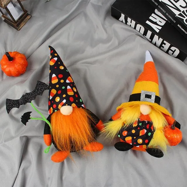 Candy Corn Themed Halloween Gnomes, Black Orange and Yellow Plush Colors (Girl)