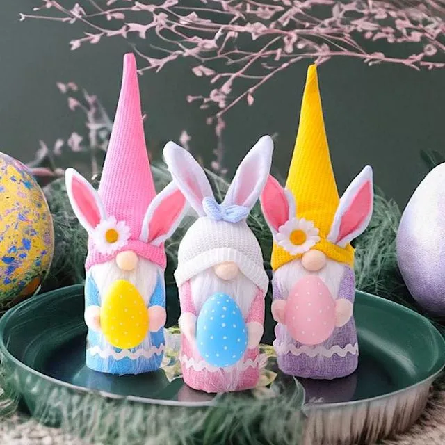 Easter Plush Gnome Tabletop Set, Colorful Bunny and Eggs (Set of Three)