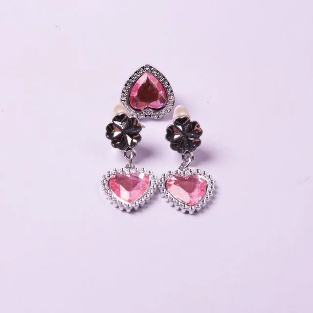 Girls Heart Shaped Crystal Rhinestone Earrings Ring Jewelry Set-PINK