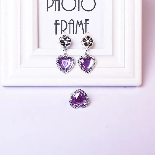 Girls Heart Shaped Crystal Rhinestone Earrings Ring Jewelry Set-PURPLE
