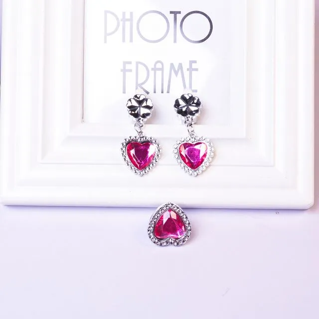 Girls Heart Shaped Crystal Rhinestone Earrings Ring Jewelry Set-ROSE RED