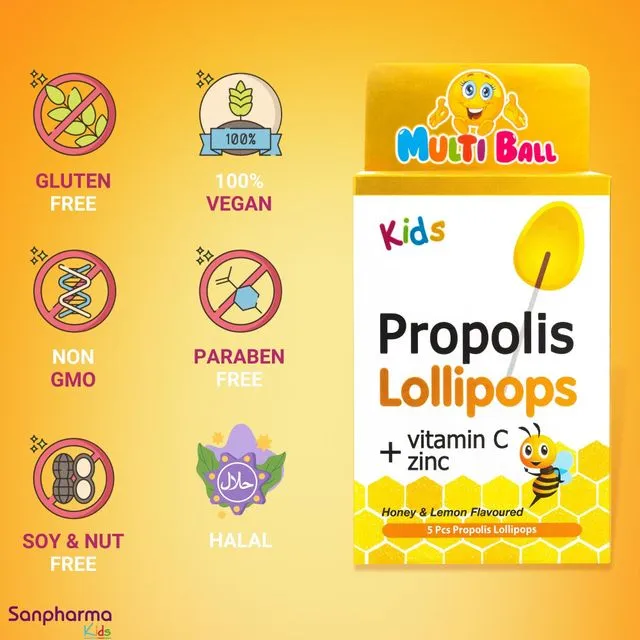 Multiball  Propolis + Vitamin C +Zinc Immune Support  Honey &amp;Lemon Flavour Lollipops