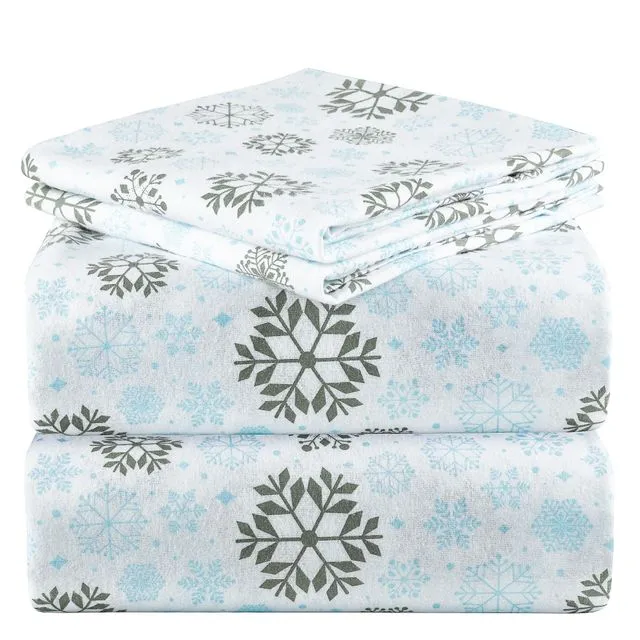 Mellanni Queen 4-Piece Lightweight Flannel Sheet Set,100% Organic Cotton Deep Pocket, Blue and Gray Snowflakes
