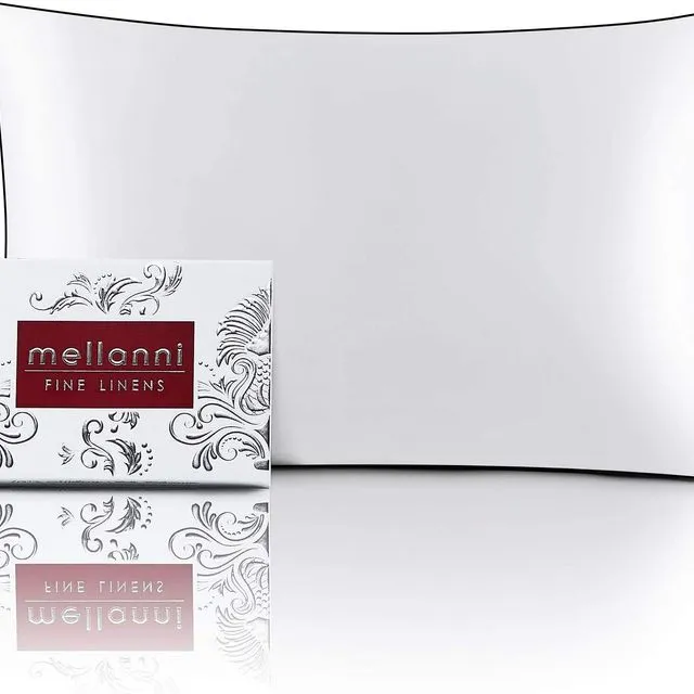 Mellanni Queen Silk Pillowcase Mulberry Silk Collection 19 Momme, White With Black Piping