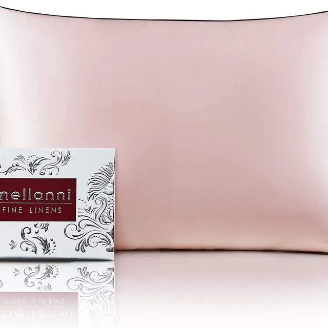 Mellanni Standard Silk Pillowcase Mulberry Silk Collection 19 Momme, Pink With Black Piping