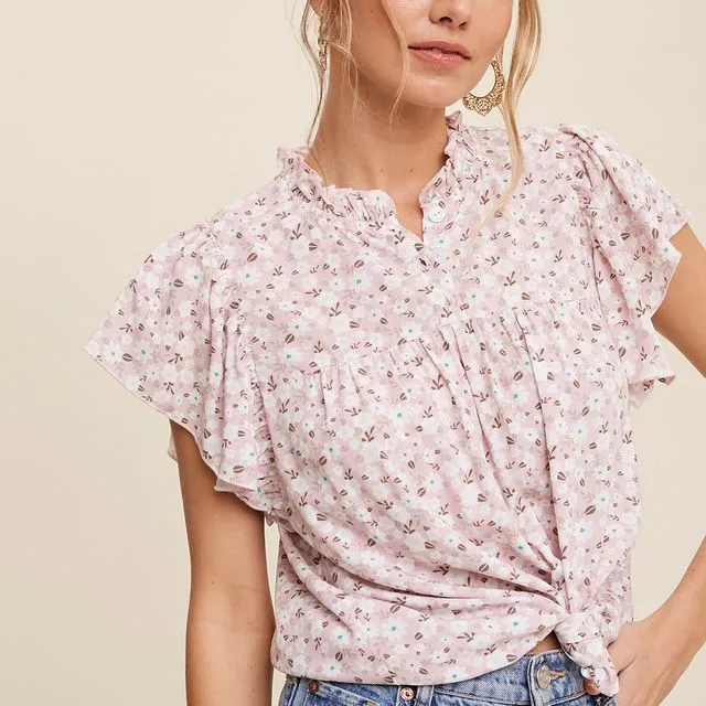 Ditzy Floral Print Button Front Ruffled Blouse Top - (LILT1287 : PINK)