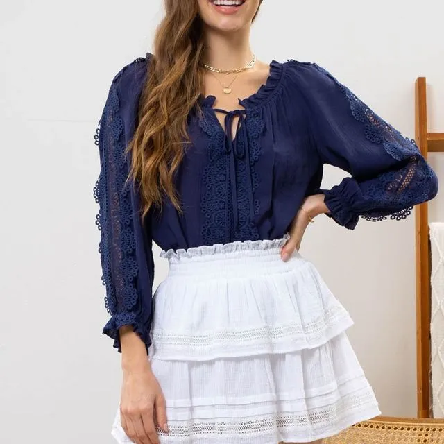 LACE PUFF SLEEVE TOP - (BPEM6768 : NAVY)