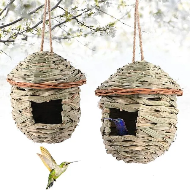 Hummingbird House for Outside Hanging,Grass Hand Woven Birdhouses for Outdoor Hanging, Natural Bird Hut for Outside, Bird Houses for Audubon Finch Canary Chickadee.2Pack
