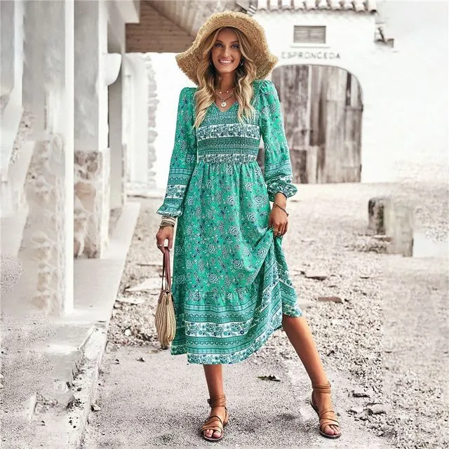 Temperament Casual Resort Style V-Neck Long Dress - GREEN