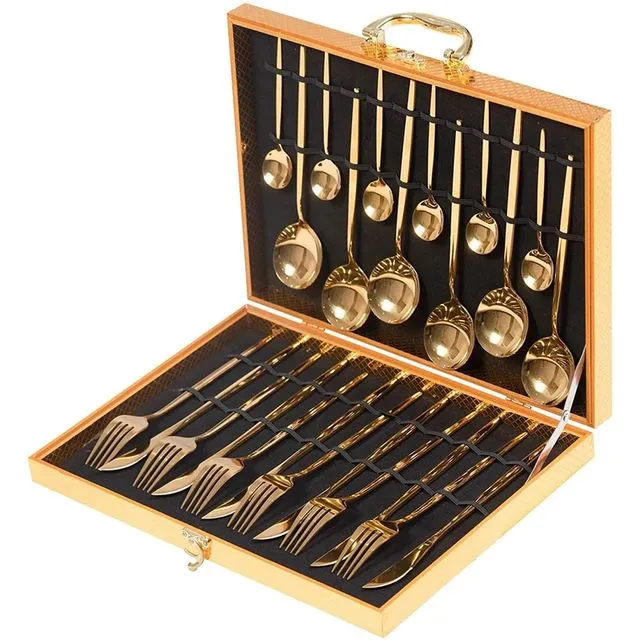 Flatware Set 24 Pieces Silverware Stainless Steel Cutlery Set Include Knife Fork Spoon Mirror Polished Dishwasher Safe - GOLD