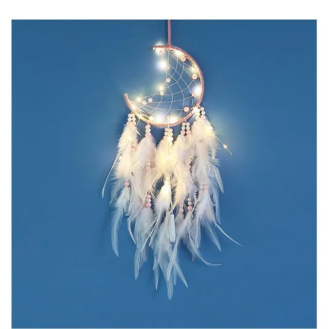 Moon Dream Catcher With Fairy Lights Handmade Feather Wall Hanging Decor