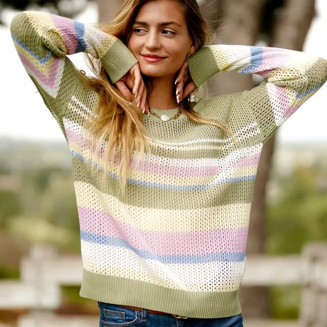 Kiwi Green Crochet Striped Sweater