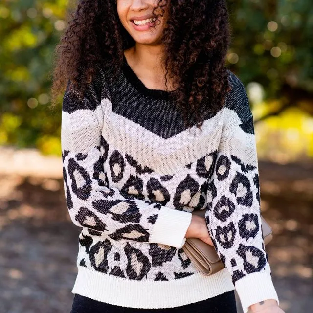 Leopard Chunky Knit Chevron Sweater