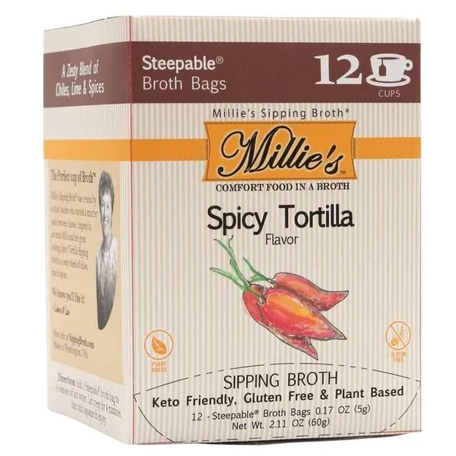 Millie's Spicy Tortilla Sipping Broth - 12 Pack Box- Case of 6 (soup mix)