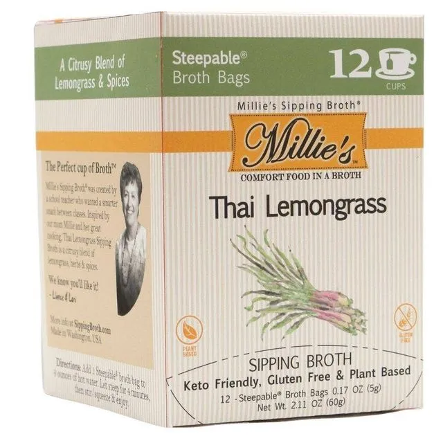 Millie's Thai Lemongrass Sipping Broth - 12 Pack Box- Case of 6 (soup mix)