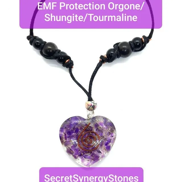 Orgone Heart Necklace EMF 5G Protection - Amethyst Heart