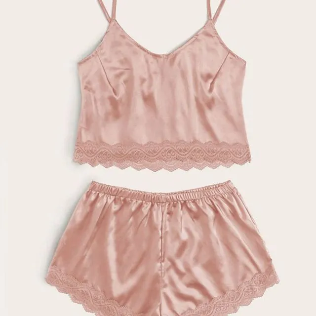 Light pink Satin Sexy Lace Camisole Shorts Pajama Set