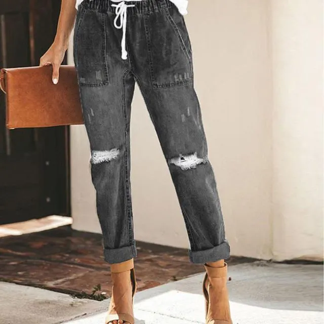 New Women's Drawstring Ripped Jeans-BLACK